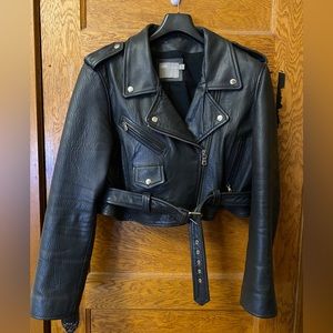 ASOS black leather cropped biker jacket US 12